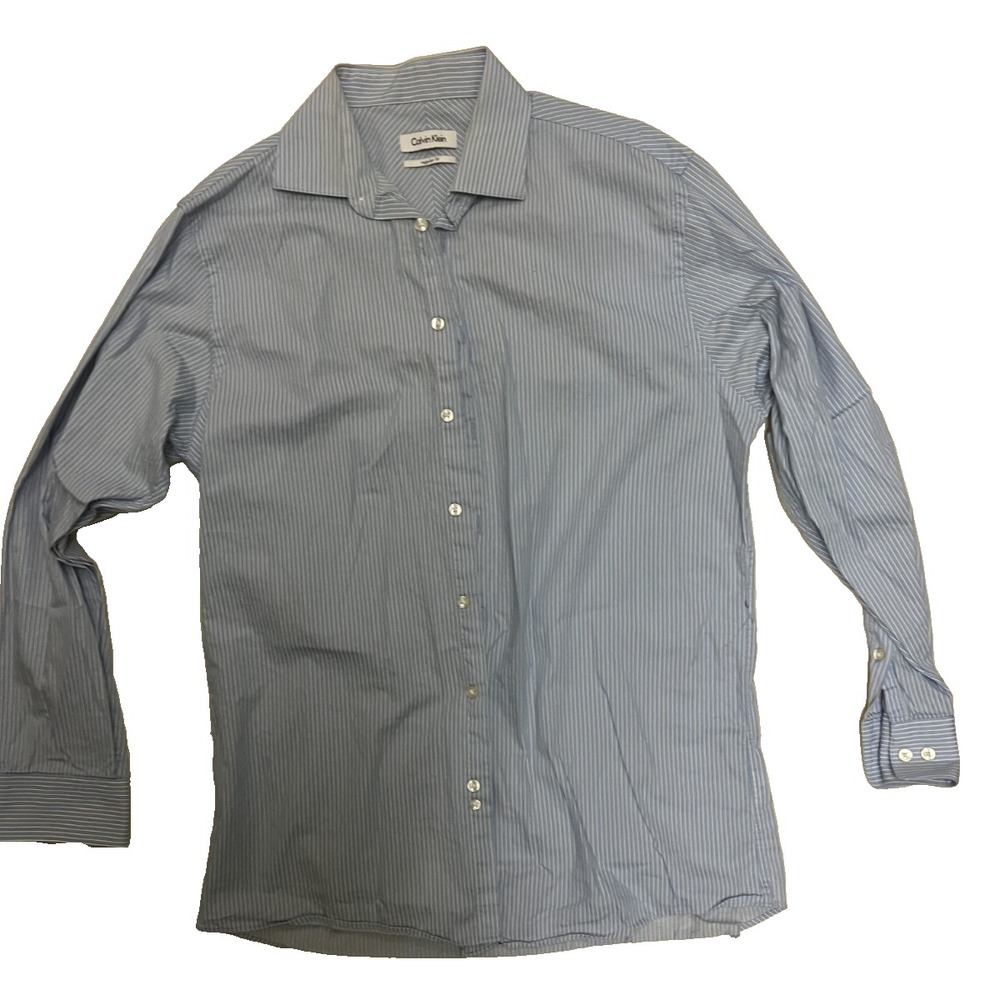 Calvin Klein Shirt Blue Striped Print Button Down Men 15.5- 32/33